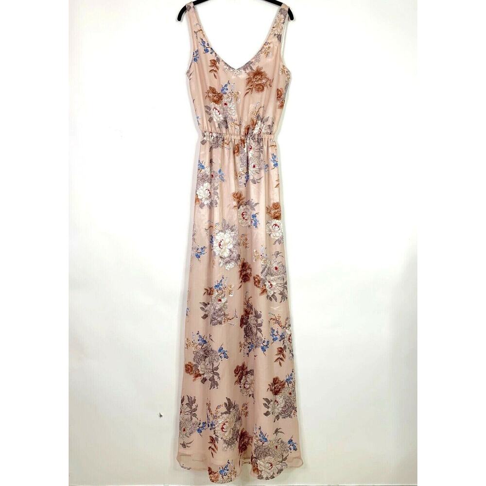 Show Me Your Mumu Maxi Dress Small Pink Blue Floral V-Neck Elastic Waist Pearl